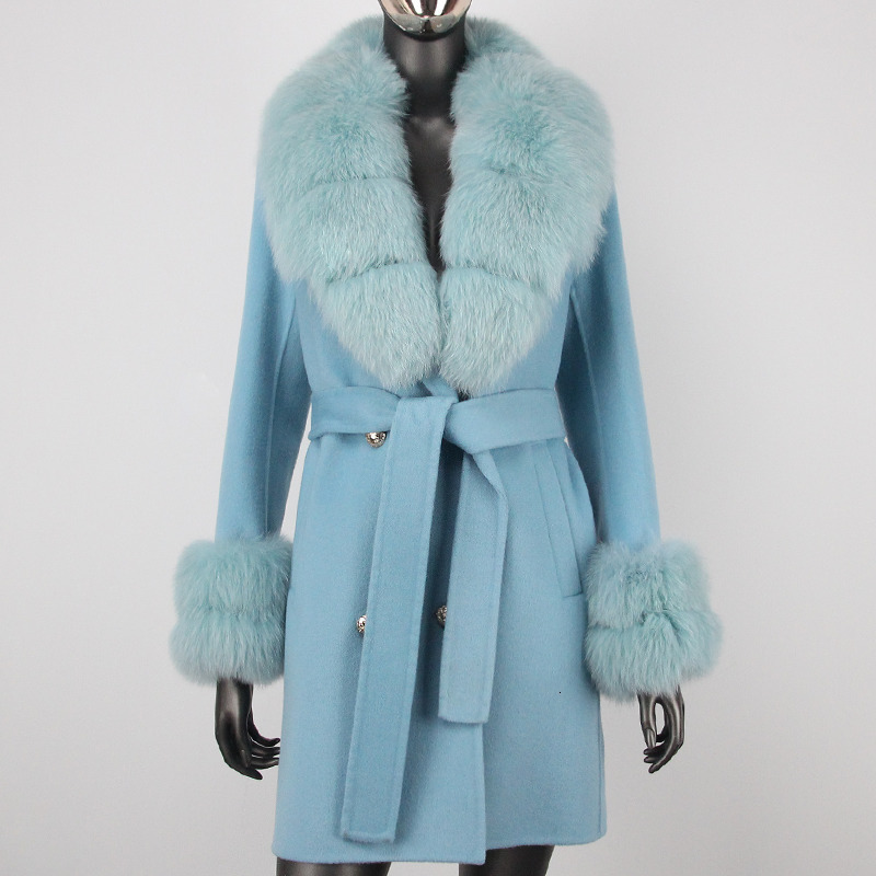 Womens Fur Faux Fashion Winter Jacket Women Real Coat Natural Wool Blends Cashmere Double Breasted Belt Loose Overcoat Streetwear 230828 - view 5