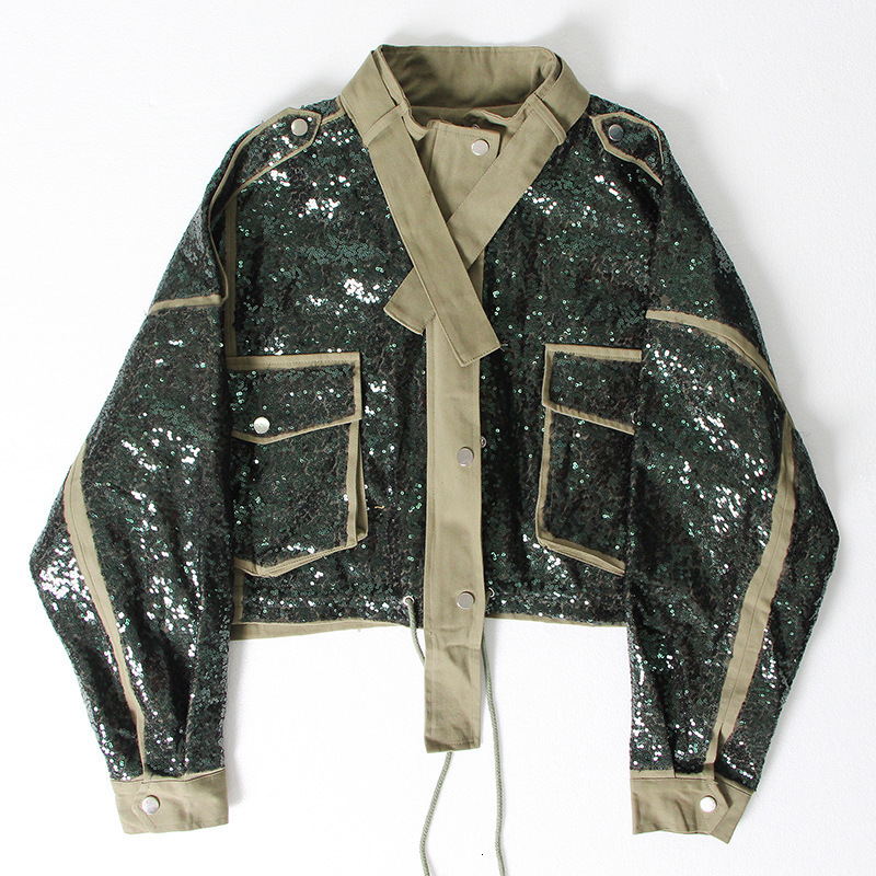 Womens Jackets Street Fashion Spring Army Green Sequins Ing Lapel Tie Waist Short Ladies Jacket Lace Up Loose Cargo Girl Outwear 230828 B4