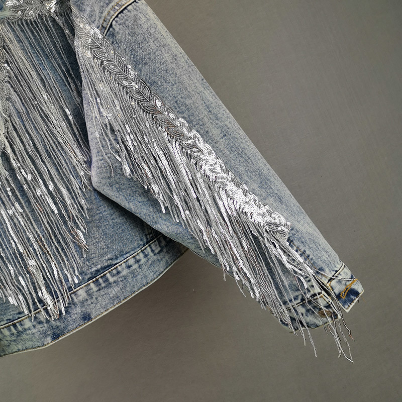 Fringed Sequined Denim Jean Jacket For Women - Retro BF Style Spring B4
