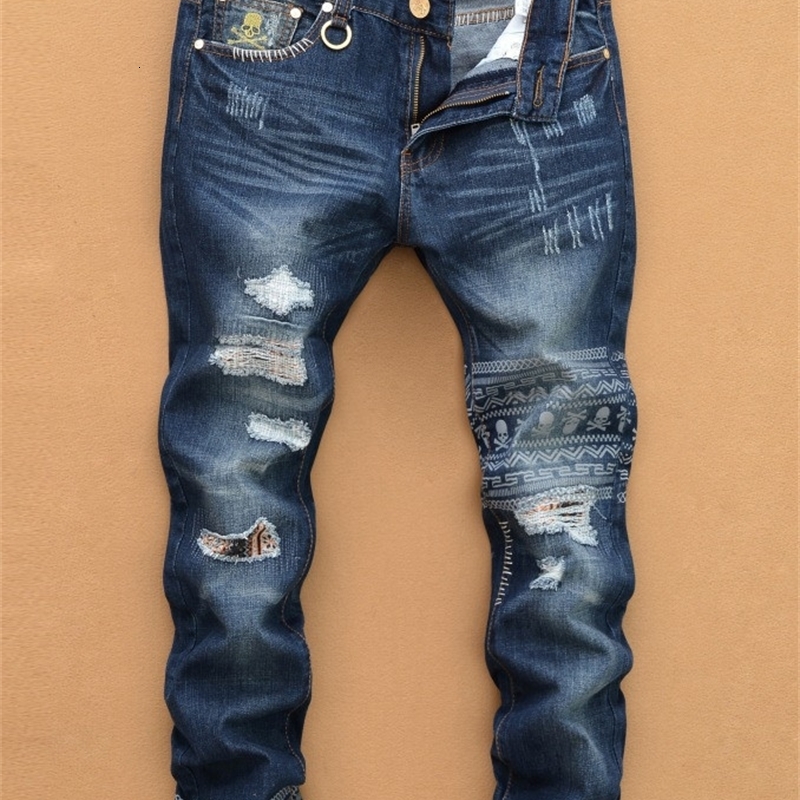 Men's Jeans Waist Size 28-42 Casual Men's Skinny Denim Pants Fashion Skull Slim Red Jeans Moto Biker Male Printed Long Trousers 230826