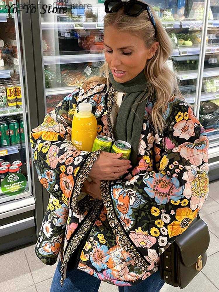 Women's Jackets Fashion Flower Printed Spliced Coat For Women Long Sleeve Thick Warm Cotton Jacket 2023 Elegant Autumn Winter Casual Streetwear T230828