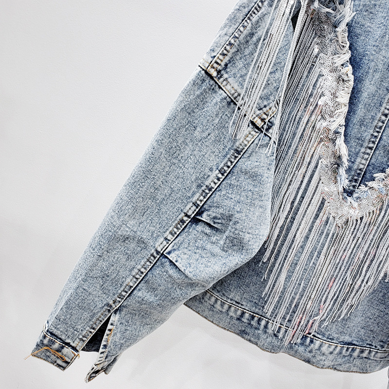 Fringed Sequined Denim Jean Jacket For Women - Retro BF Style Spring B4