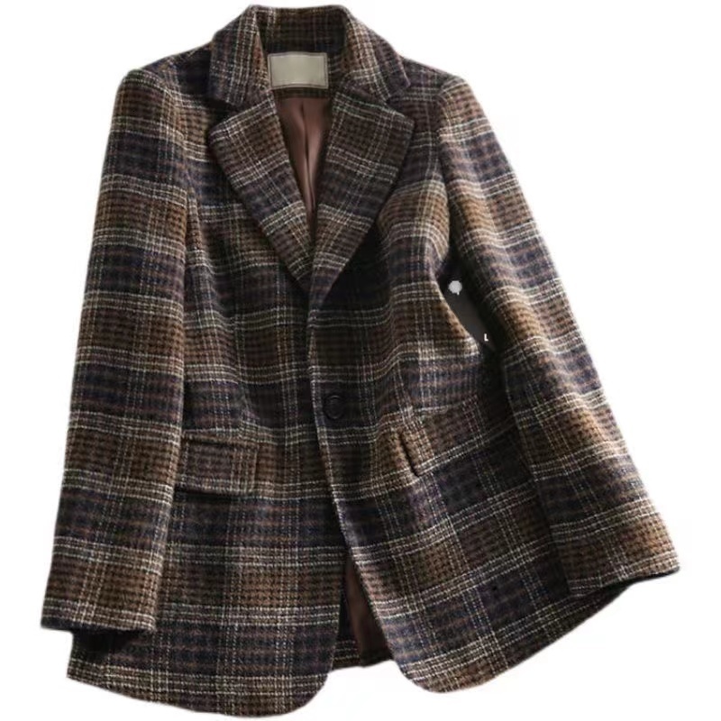 Womens Wool Blends Autumn Winter Vintage Brown Women Patchwork Plaid Woolen Blazer Coat Female Slim Long Sleeve Jacket Thick Cardigans Uterwear 230828