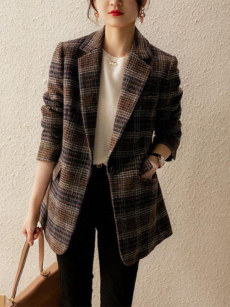 Womens Wool Blends Autumn Winter Vintage Brown Women Patchwork Plaid Woolen Blazer Coat Female Slim Long Sleeve Jacket Thick Cardigans Uterwear 230828