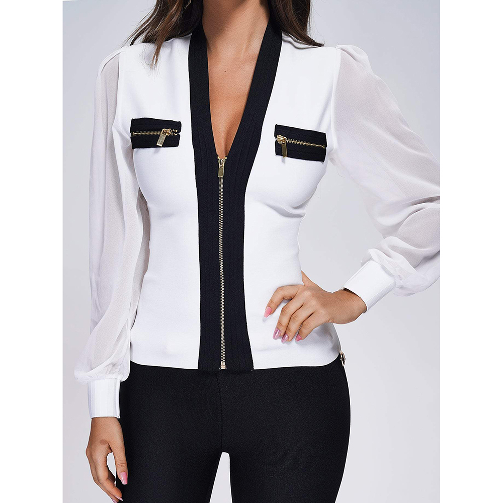 Womens Jackets Bandage Bubble Long Sleeve Bodycon Women white Sexy Vneck zipper Jacket Top Party Club Outfits Tops 230828