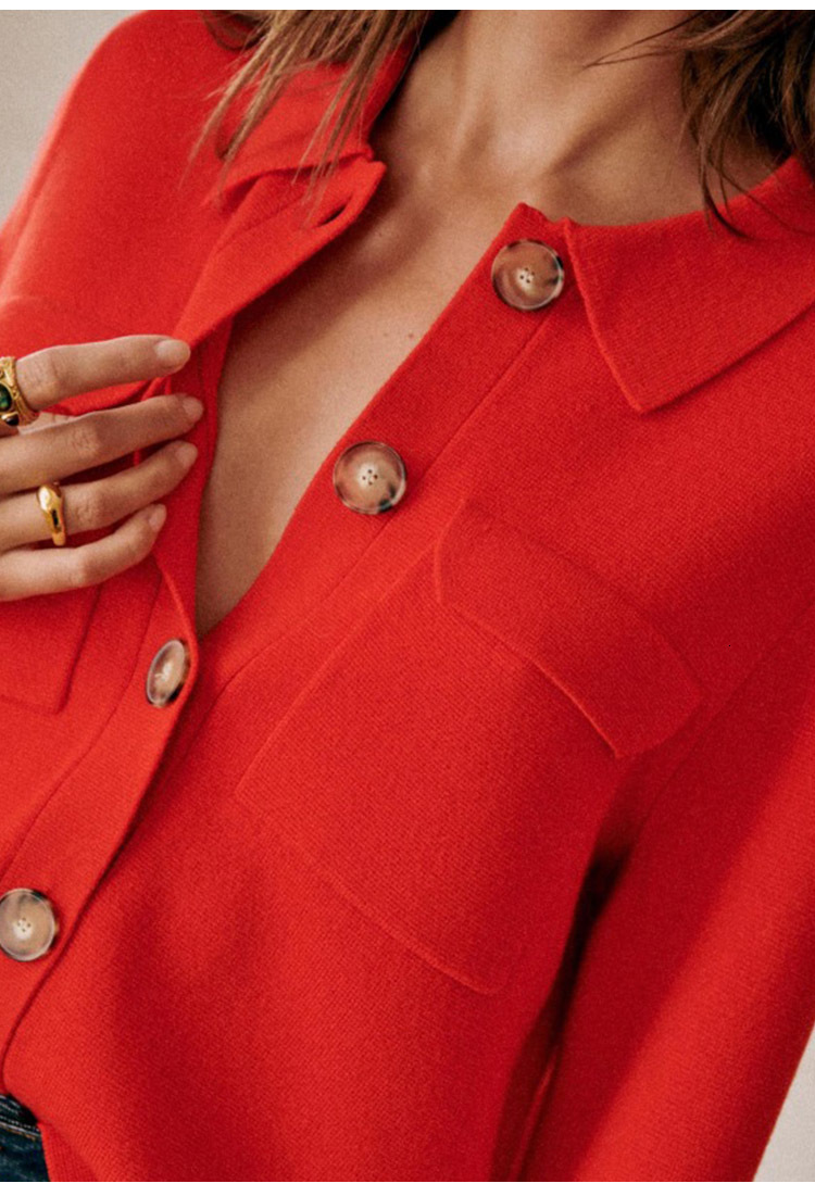 Womens Knits Tees MultiColors Turndown Collar Sweater Ladies Long Sleeve Safari Style Simple Knit Cardigan with Double Pockets Knitwear 230826