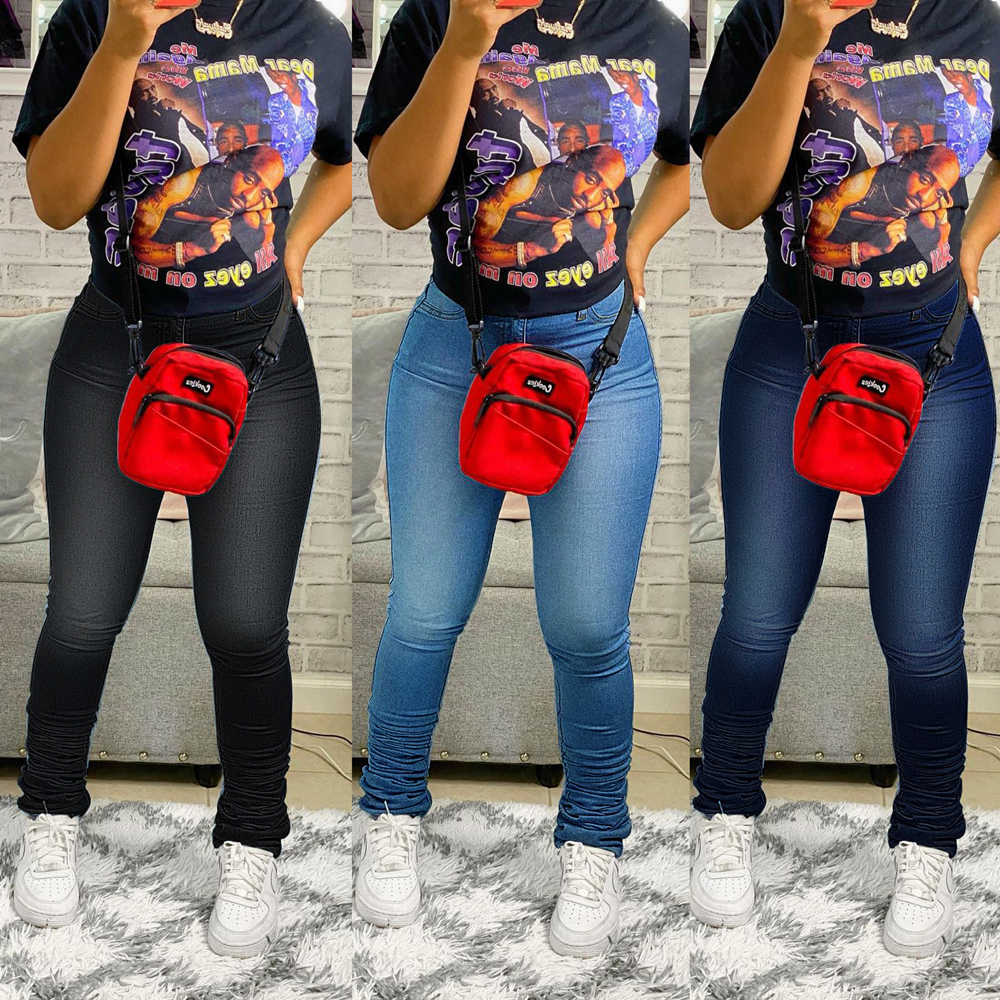 Men's Jeans Ruched Denim Blue High Wait Stacked Pants Autumn y2k Women Clothing Streetwear Jeans Fashion Skinny Pockets Trousers 230826