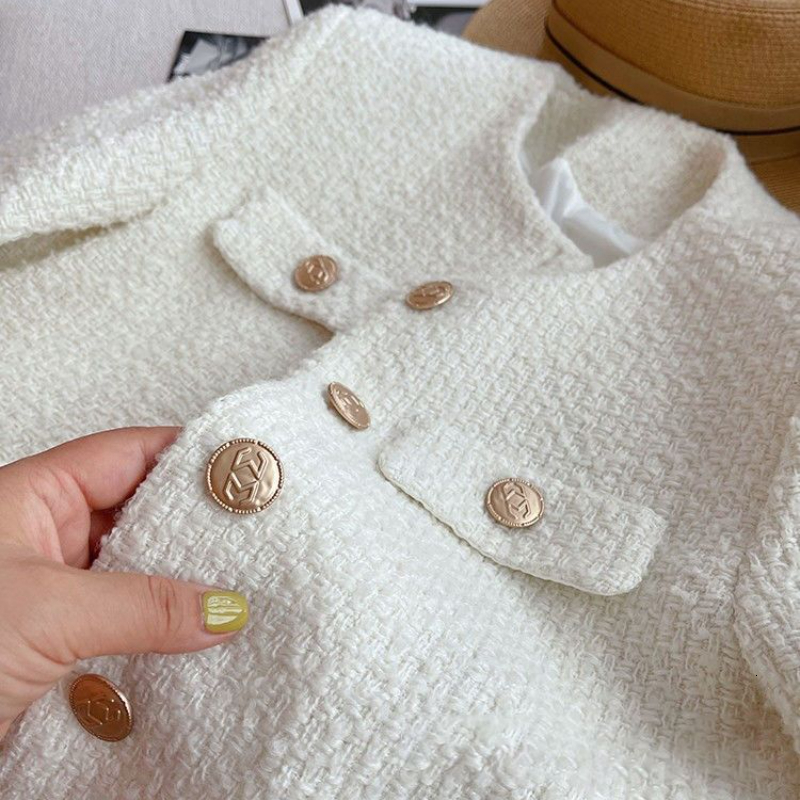 Womens Jackets Chic Tweed Coat Female Elegant O Neck Cropped Jacket Women Spring Fall Luxruy Korean Fashion pocket white Outwear Clothing 230828