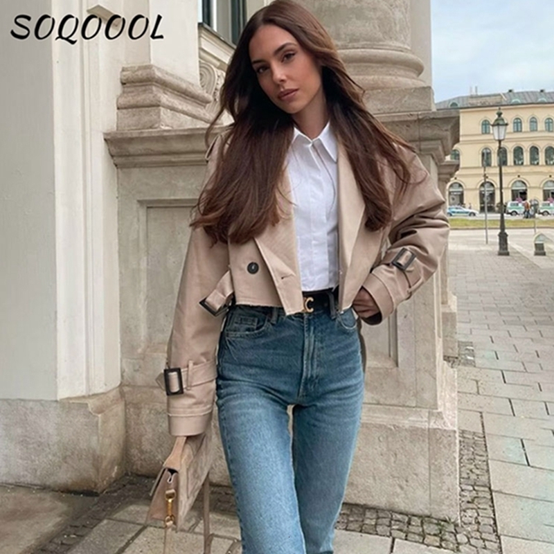 Womens Jackets Khaki Belt Women Jacket Autumn Fashion Casual Streetwear Button Loose Long Sleeve Tops Female Cropped Trench Coat Outwear 230828