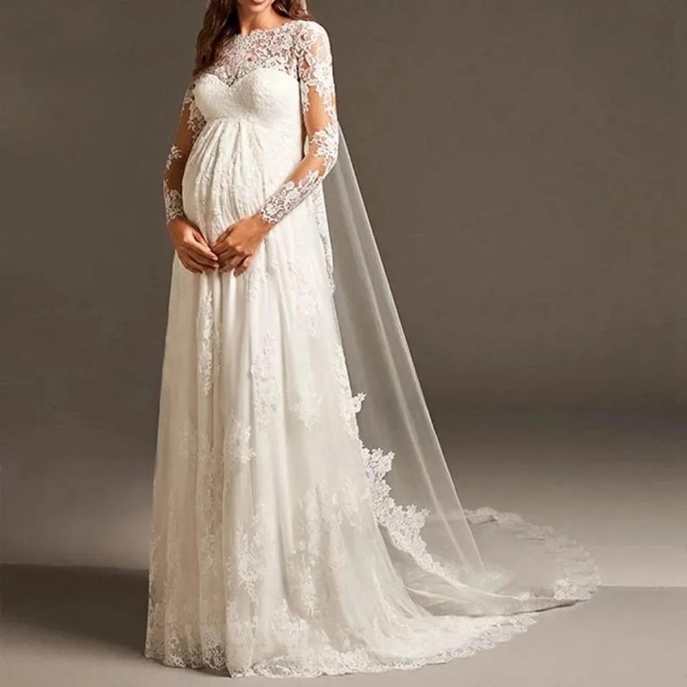 Wedding Dresses Ivory Bridal Gowns A Line Lace Up New Custom O-Neck Long Sleeve Sweep Train Lace Applique White Plus Size Formal