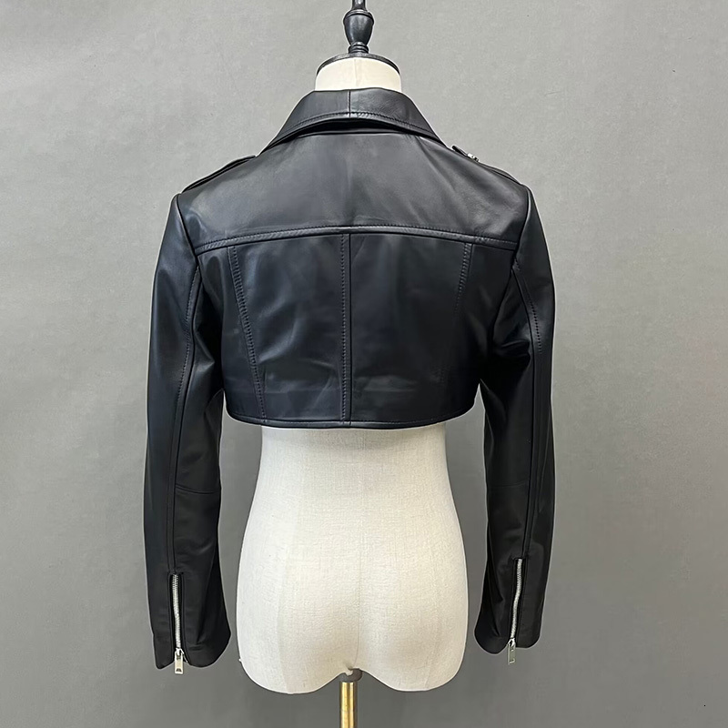 Womens Leather Faux Spring Autumn Jacket Lady Fashion Moto Crop Y2K Women Short Coat Genuine Sheepskin FG5539 230828