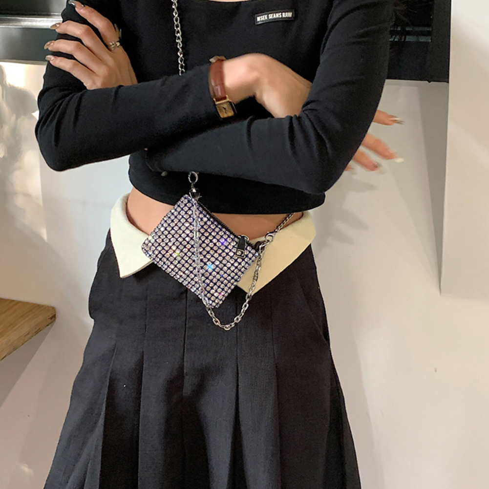 Evening Bags Trend Mini Square Bag Metal Double Chain Shoulder Bag Sparking Y2K Style Party Bag Diamond Coin Purse 230826