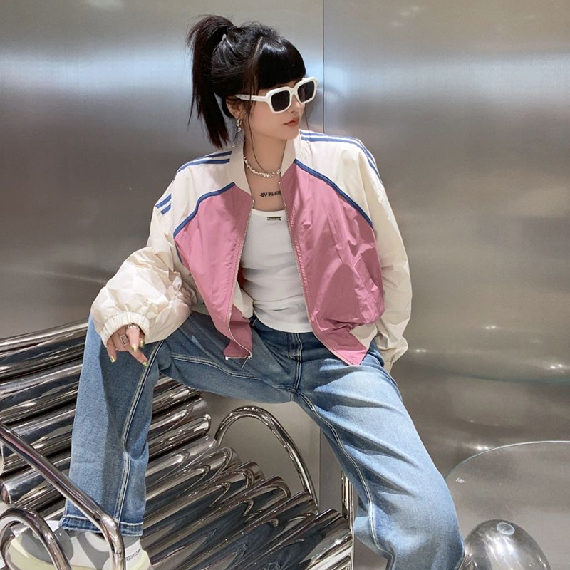 Womens Jackets Fashion Patchwork Bomber Jacket Women Zip Up Loose Cropped Woman Round Neck Long Sleeve Streetwear Coat Female 230828