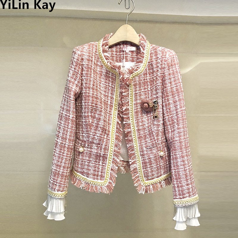 Womens Tweed Tassel Coat With Beading Elegant Long Sleeve Jacket For Autumn And Winter Fashion B4