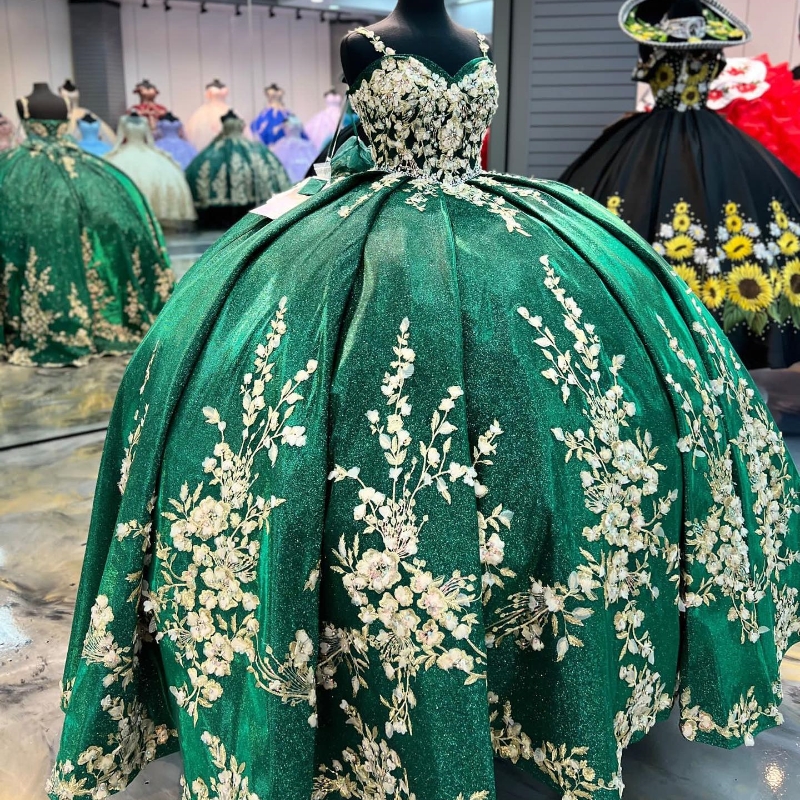 Green Sparkly Quinceanera Dresses Sweetheart Ball Gown Gold Applique Lace Birthday Sweet 16 Evening Prom vestidos de 15