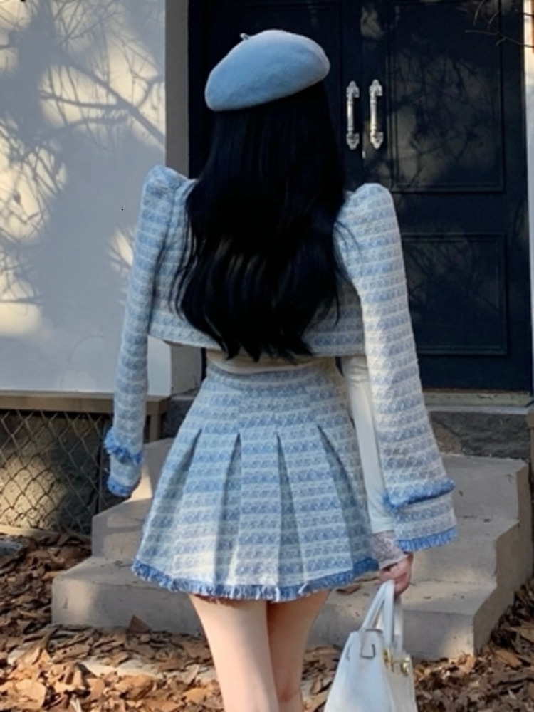 Two Piece Dress High Quality Tassel Small Fragrance Tweed 2 Set Women Short Jacket Coat Skirt Sets Korean Fashion Sweet Suits 230828