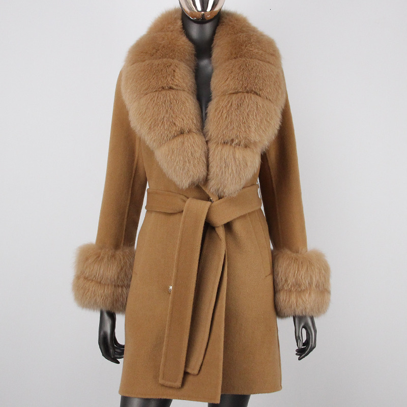 Womens Fur Faux Fashion Winter Jacket Women Real Coat Natural Wool Blends Cashmere Double Breasted Belt Loose Overcoat Streetwear 230828 - view 6
