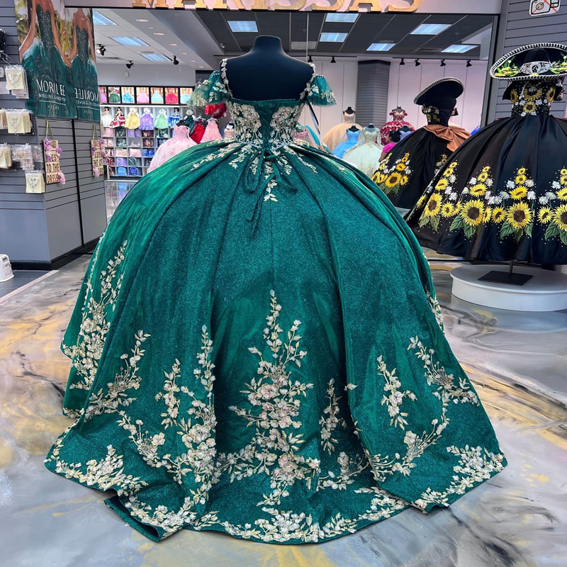 Green Sparkly Quinceanera Dresses Sweetheart Ball Gown Gold Applique Lace Birthday Sweet 16 Evening Prom vestidos de 15