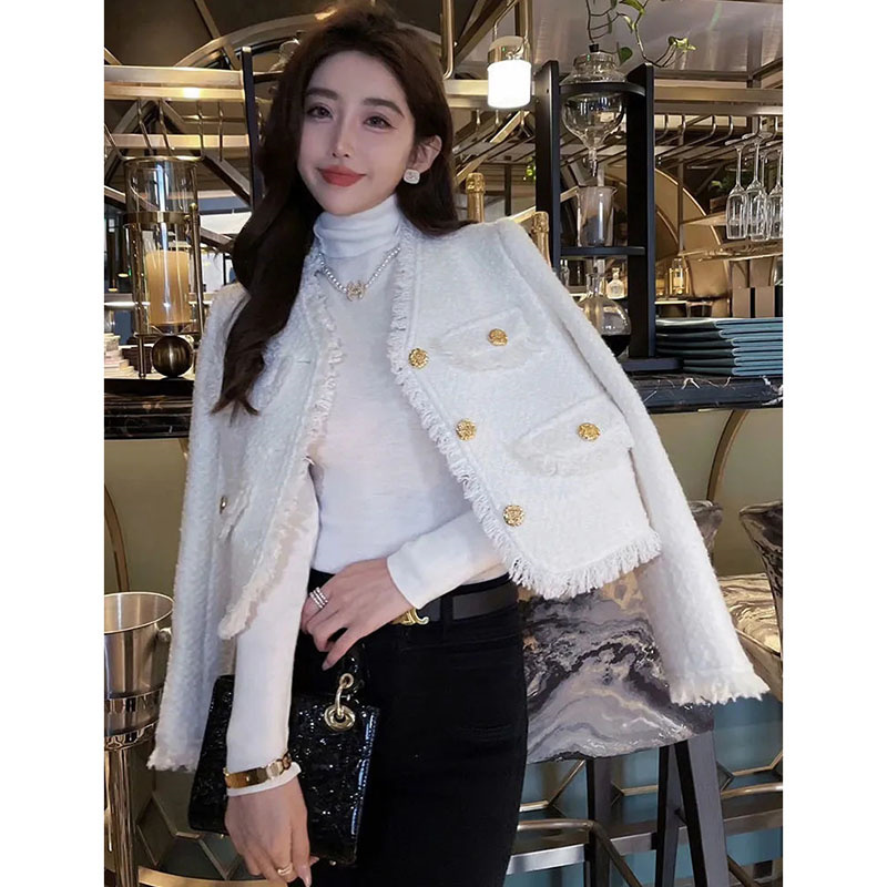 Women's Wool Blends Autumn Short Korean Tweed Jacket Women High quality Long Sleeve Small Chic Female Elegant Woolen Coat woman Tops 230826