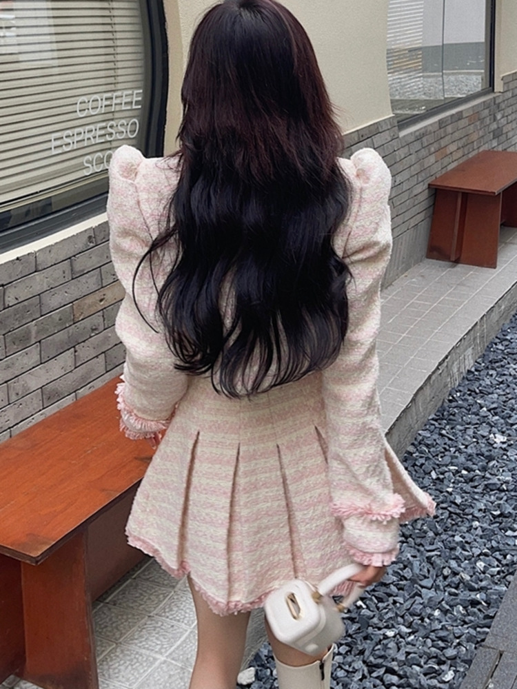 Two Piece Dress High Quality Tassel Small Fragrance Tweed 2 Set Women Short Jacket Coat Skirt Sets Korean Fashion Sweet Suits 230828