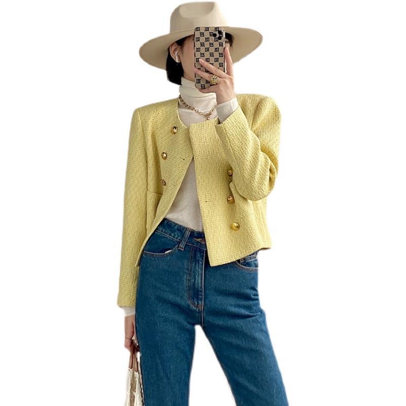 Womens Jackets French Temperament Small Fragrant Women Coat Long Sleeve O Neck Yellow Short Tops Autumn Doublebreasted Female Jacket 230828