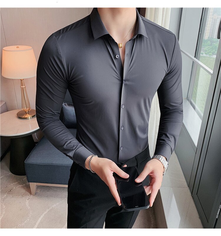 Men's Dress Shirts High-stretch Silky Smooth Comfortable Non-marking Pressure Rubber Drape Non-iron MEN'S Shirt Business Casual Slim Long-sl