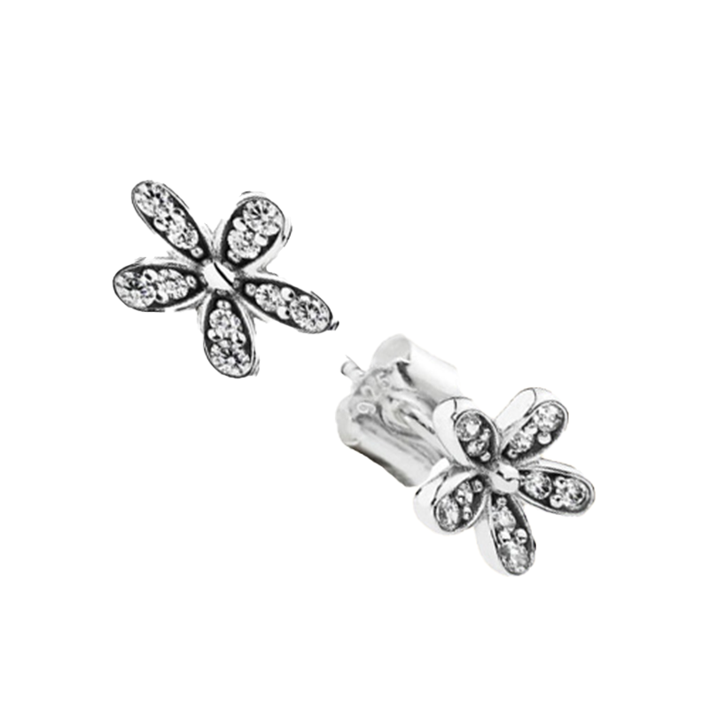 Authentic 925 Silver Daisy Small Earrings for CZ Diamond Wedding Jewelry Cute Girls Earring with Gift box Set