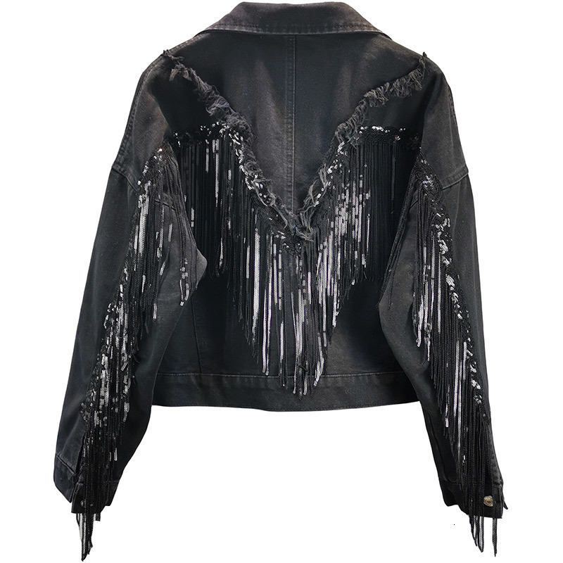 Fringed Sequined Denim Jean Jacket For Women - Retro BF Style Spring B4