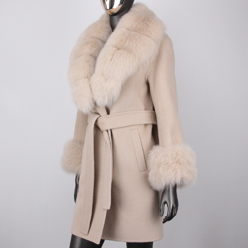 Womens Fur Faux Fashion Winter Jacket Women Real Coat Natural Wool Blends Cashmere Double Breasted Belt Loose Overcoat Streetwear 230828 - view 3