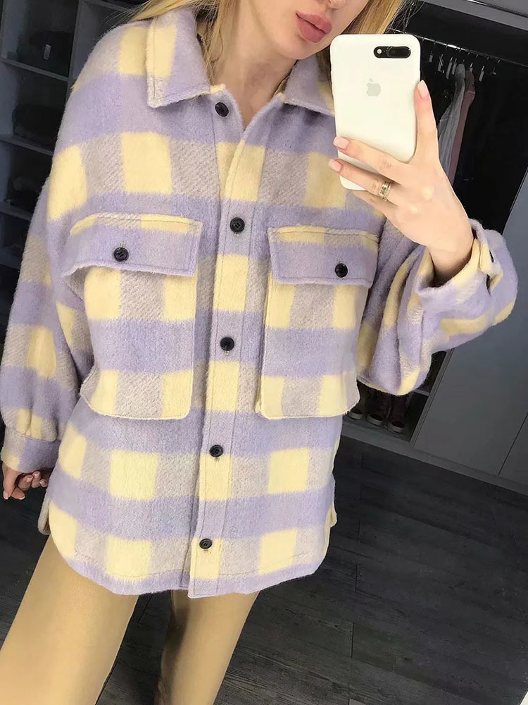Womens Jackets Stylish Sweet Plaid Woolen Shirt Women Fashion Pockets Turndown Collar Check Jacket Cute Girls Chic Coat Streetwear 230828
