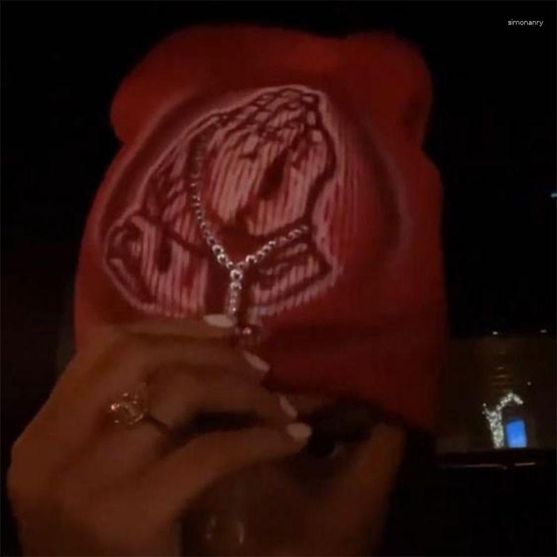 Berets Kpop Two-handed Rhinestone Print Knit Beanies Hat Men Women Quality Cap Y2k Warm Aesthetic Fashion Grunge Gothic Cold Ski