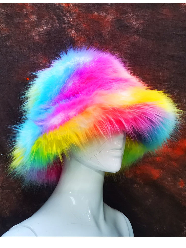 Wide Brim Hats Bucket Hats ZADORIN Autumn Winter Fluffy Warm Rainbow Faux Fur Bucket Hat Women Fashion Casual Outdoor Y2K Fisherman Hat Festival Hats 