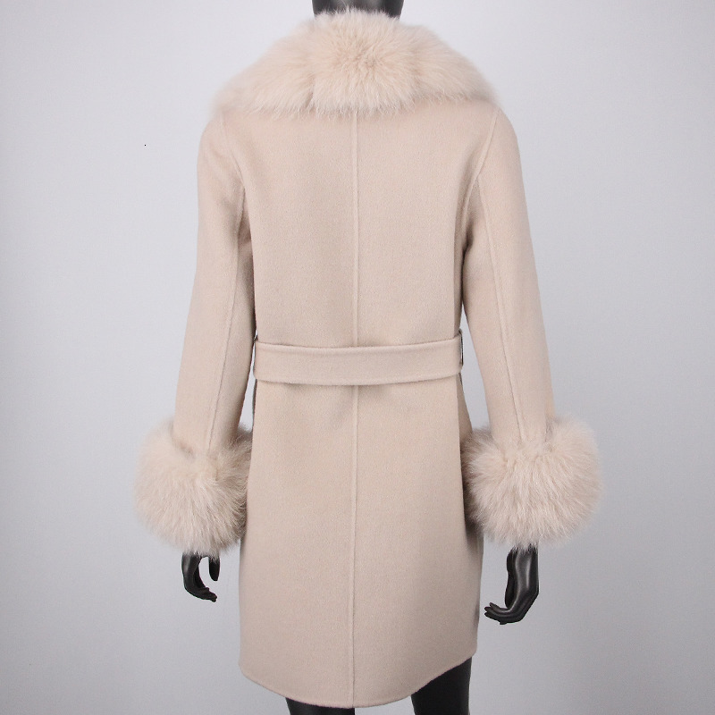 Womens Fur Faux Fashion Winter Jacket Women Real Coat Natural Wool Blends Cashmere Double Breasted Belt Loose Overcoat Streetwear 230828 - view 4