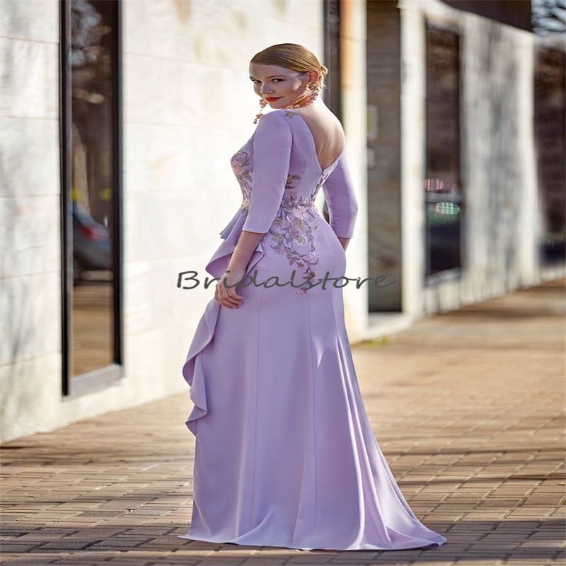 Graceful Lilac Mermaid Evening Dress 2023 Appliques Ruffles Long Sleeve Silk Satin Prom Dress With Slit Backless Formal Occasion Vestidos De Fiesta Pa