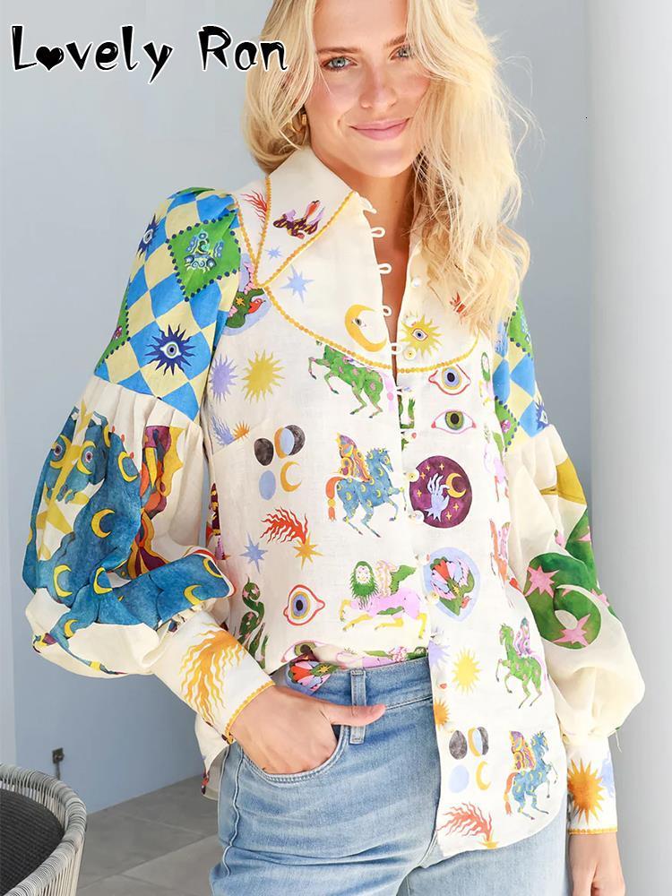 Women's Blouses Shirts Fashion Cartoon Print Shirts For Women Retro Long Lantern Sleeve Blouse Female Elegant Lapel Puff Shirts Hit Color Chic To