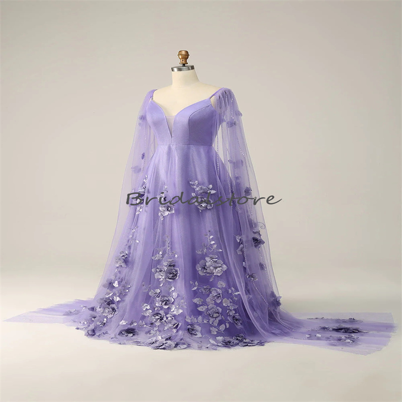 Luxury Lilac Florals Evening Dress 2023 Dubai Arabic Fairy Prom Dress With Watteau Train Backless Birthday Formal Occasion Party Gown vestido de fiest