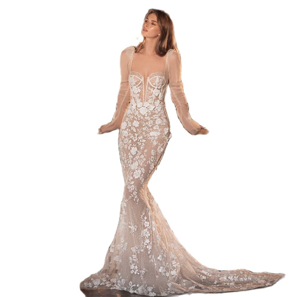 Vintage Mermaid Wedding Dress for Women Lace Appliqued Long Sleeve Bridal Gowns Glitter Sweep Train Customize Vestidos De Novia
