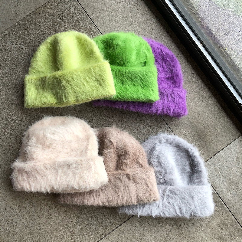 Beanie/Skull Caps Fashion Long Rabbit Hair Knitted Hat Female Winter Rabbit Fur Soft Warm Beanies Korean Solid Colors Hat Y2k Cold Hat 230829