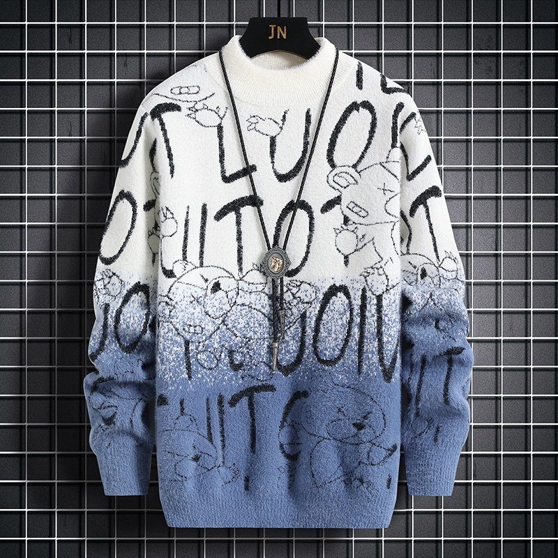 Men's Sweaters Harajuku Sweater Men's Y2K Knitted Letter Printing Sweater Men's Wool Pullover Men's Retro Knitted Color Block Tops