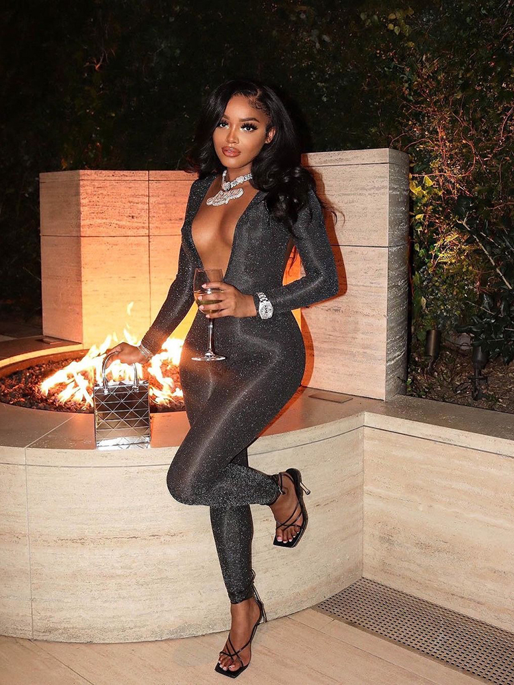Women's Jumpsuits Rompers Hugcitar Bling Glitter Women Deep V Neck Backless Skinny Jumpsuit Bodycon Sexy Streetwear Party Club Elegant Shine 2308