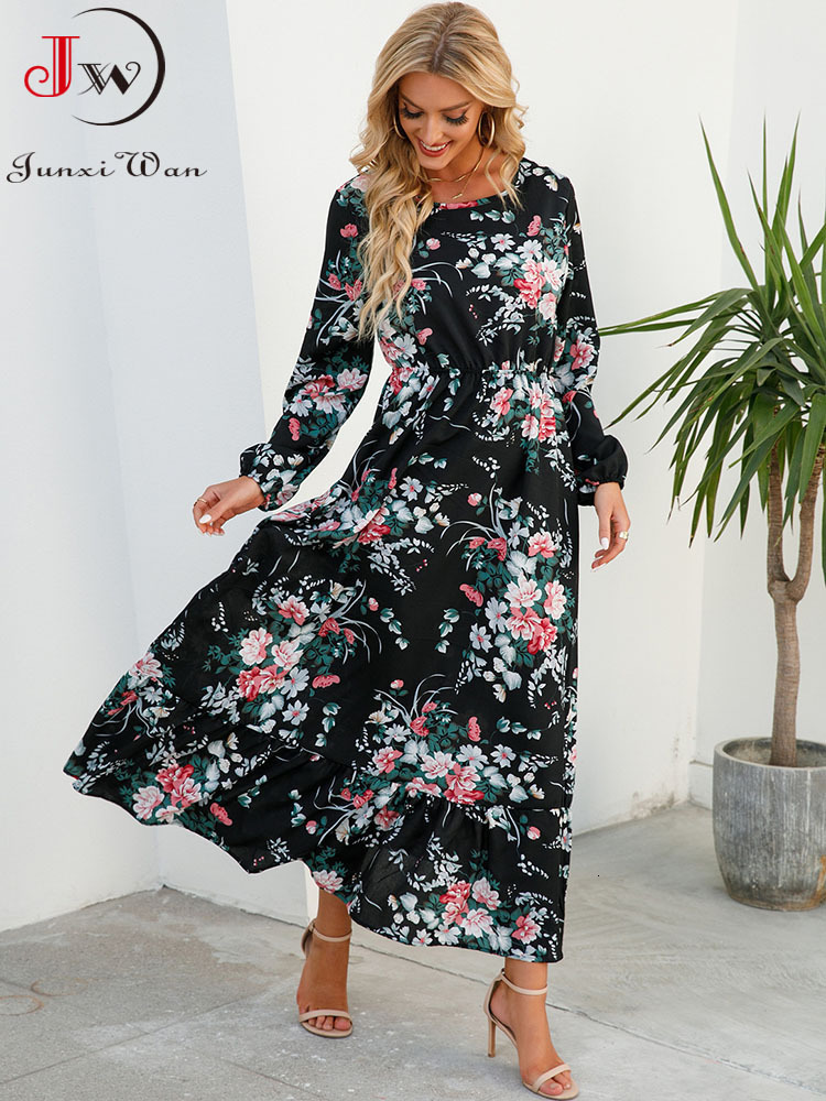 Basic Casual Dresses Elegant Floral Print Women Dress Spring Summer Casual O Neck Long Sleeve Chiffon A Line Long Maxi Dress Party Vestidos 230829