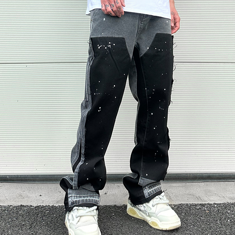 Men's Jeans Streetwear Speckled Ink Color Match Y2K Baggy Jeans for Men Patchwork Rage Fringe Micro Denim Trousers Oversized Loose Cargos 230828