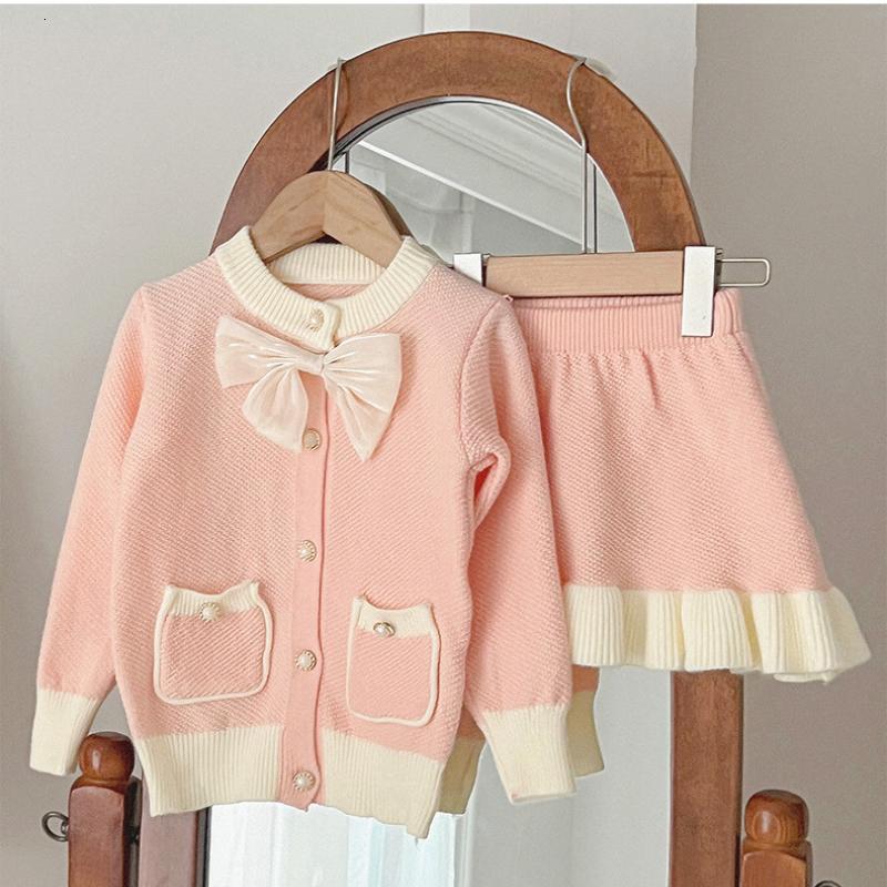Clothing Sets 2023 Autumn Kids Girls Clothes Outfits 2Pcs Single Breastes Solid Coats with Bownot Skirt Child Tracksuit 2 4 6 8Year 230828