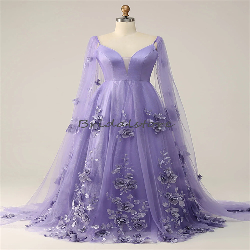 Luxury Lilac Florals Evening Dress 2023 Dubai Arabic Fairy Prom Dress With Watteau Train Backless Birthday Formal Occasion Party Gown vestido de fiest