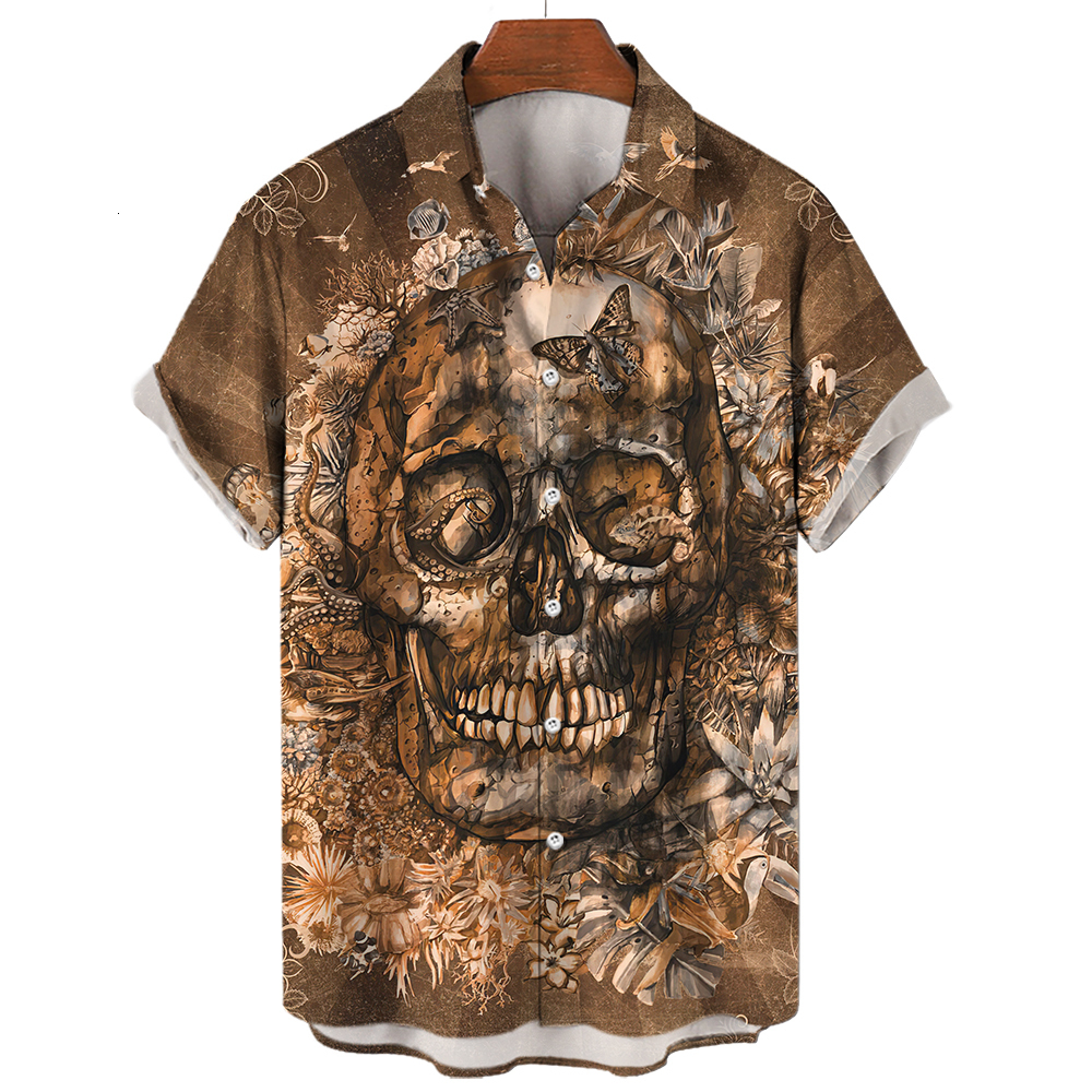 Men's Dress Shirts Skull Shirt For Men Streetwear Harajuku Clothes Tops Gothic Short Sleeve Tshirt Vintage Fashion Button Camisa 230828