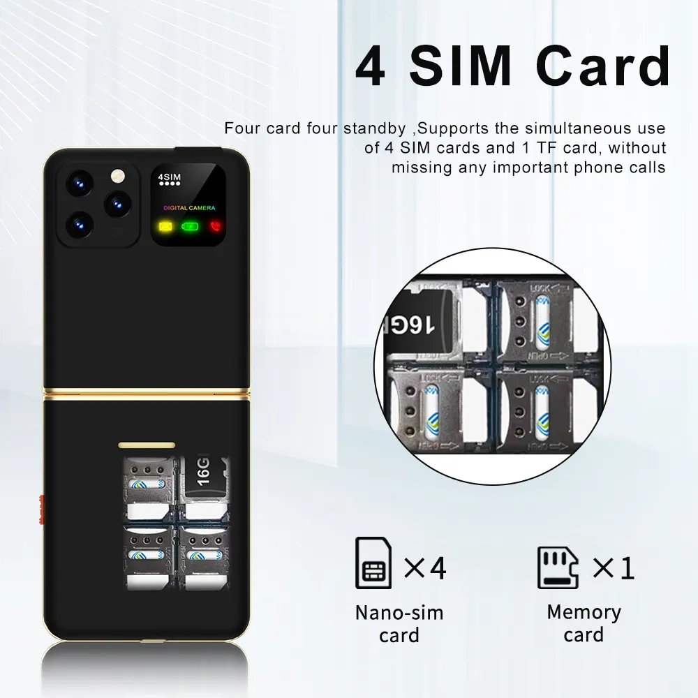 New Classic Flip Mobile Phone 2.4 Inch Screen 2G GSM 4 SIM Card Speed Dial Magic Voice LED Flashlight Backup Cellphone