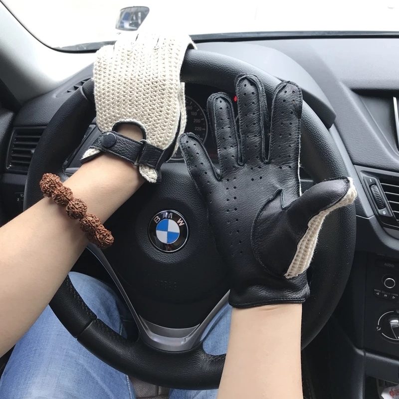 Mittens Mens Goatskin Leather Gloves Back Knitted Lambskin Unlined NonSlip Motorcycle Driving Male 230828