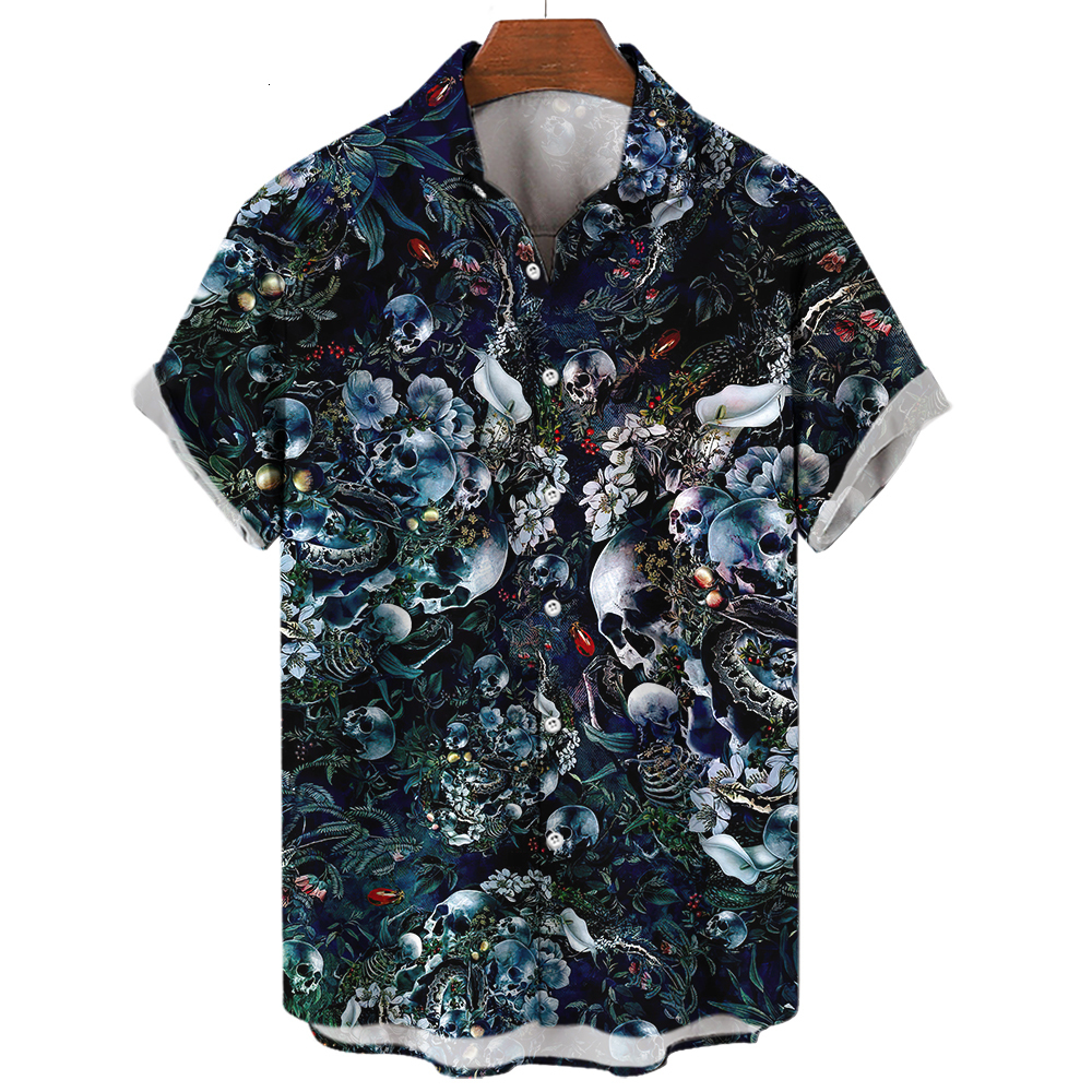 Men's Dress Shirts Skull Shirt For Men Streetwear Harajuku Clothes Tops Gothic Short Sleeve Tshirt Vintage Fashion Button Camisa 230828