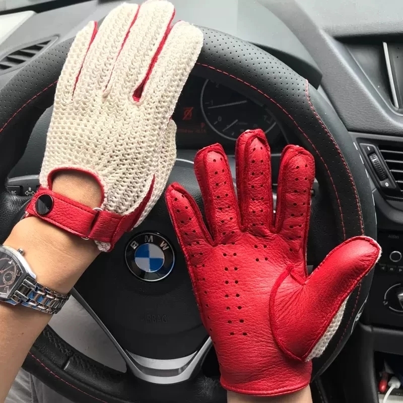 Mittens Mens Goatskin Leather Gloves Back Knitted Lambskin Unlined NonSlip Motorcycle Driving Male 230828