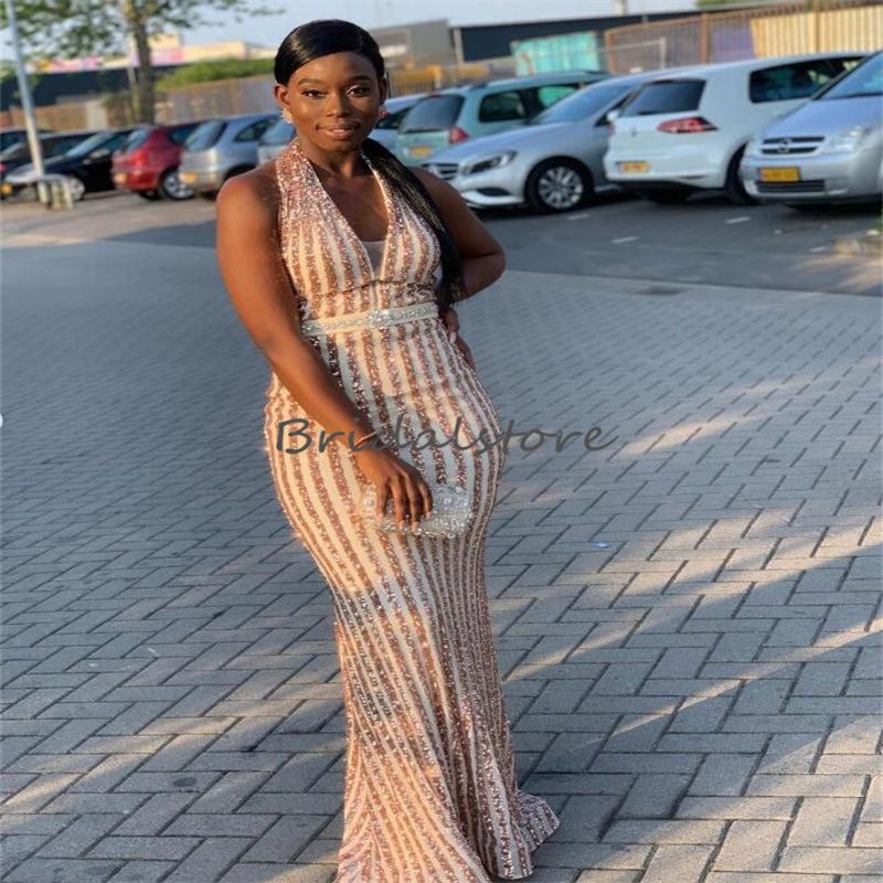 South African Rose Gold Evening Dress Halter Mermaid Black Girls Prom Dress 2023 Plus Size Formal Party Cocktail Birthday Gown Vestios De Fiesta Robes